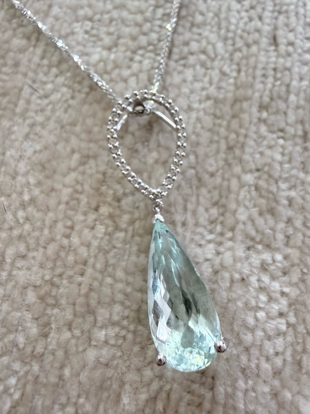 Teardrop Aquamarine  and diamond 14k gold pendant. 18” Leslie 14k gold chain.